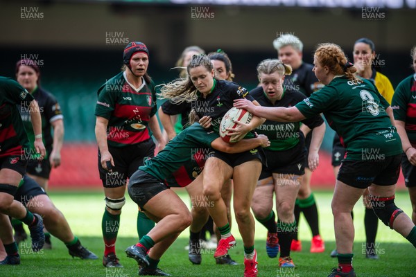 180426 - Clwb Rygbi Cymry Caerdydd v Seven Sisters - WRU Women's National Plate - Hannah Mai-Nation of Seven Sisters is tackled by Beth Evans of Clwb Rygbi Cymry Caerdydd and Elin Davies of Clwb Rygbi Cymry Caerdydd