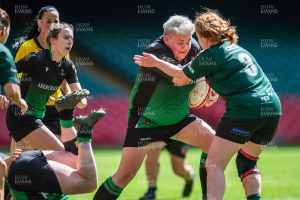 180426 - Clwb Rygbi Cymry Caerdydd v Seven Sisters - WRU Women's National Plate - Bethan Howell of Seven Sisters is tackled by Elin Davies of Clwb Rygbi Cymry Caerdydd