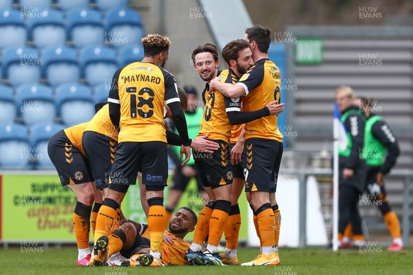 060321 - Colchester United v Newport County - Sky Bet League 2 - Joss Labadie of Newport County is congratulated after scoring a goal to make it 0-1