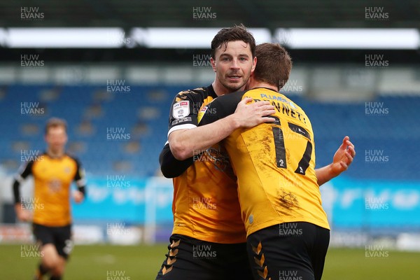 060321 - Colchester United v Newport County - Sky Bet League 2 - Padraig Amond of Newport County is congratulated after scoring a goal to make it 0-2