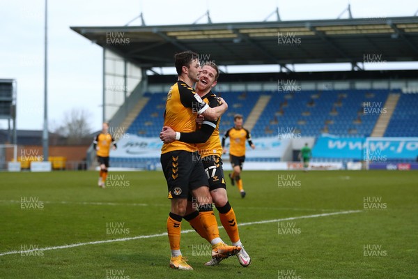 060321 - Colchester United v Newport County - Sky Bet League 2 - Padraig Amond of Newport County is congratulated after scoring a goal to make it 0-2