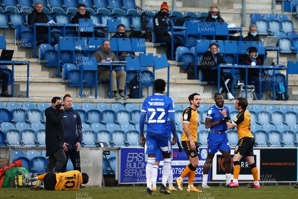 060321 - Colchester United v Newport County - Sky Bet League 2 - Frank Nouble of Colchester United clashes with Matthew Dolan of Newport County after fouling Josh Sheehan of Newport County