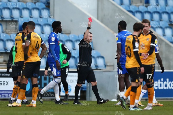 060321 - Colchester United v Newport County - Sky Bet League 2 - Frank Nouble of Colchester United receives a red card from Referee Antony Coggins