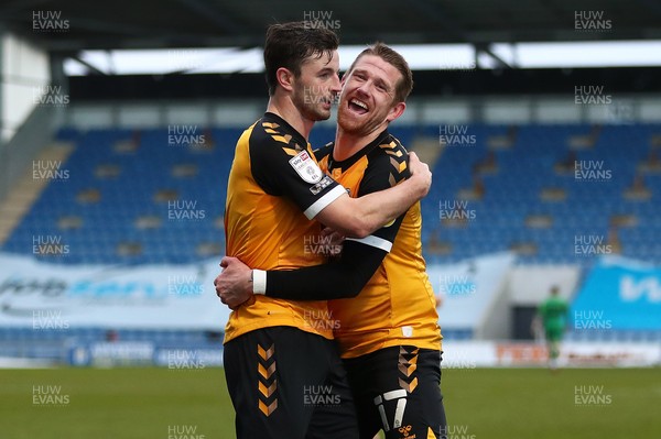 060321 - Colchester United v Newport County - Sky Bet League 2 - Padraig Amond of Newport County is congratulated by Scot Bennett after scoring a goal to make it 0-2