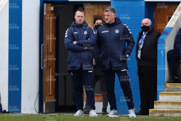 060321 - Colchester United v Newport County - Sky Bet League 2 - Manager of Newport County, Michael Flynn (L) and assistant, Wayne Hatswell (R)