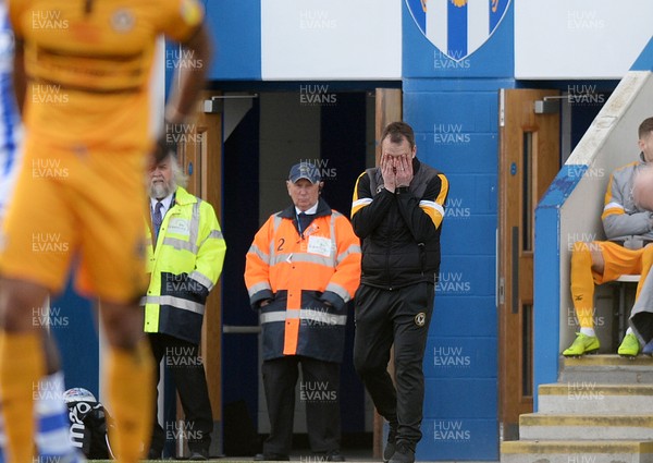 090319 - Colchester United v Newport County - Sky Bet League 2 -  Newport manager Michael Flynn looks on in despair as his side go two nil down at half time
