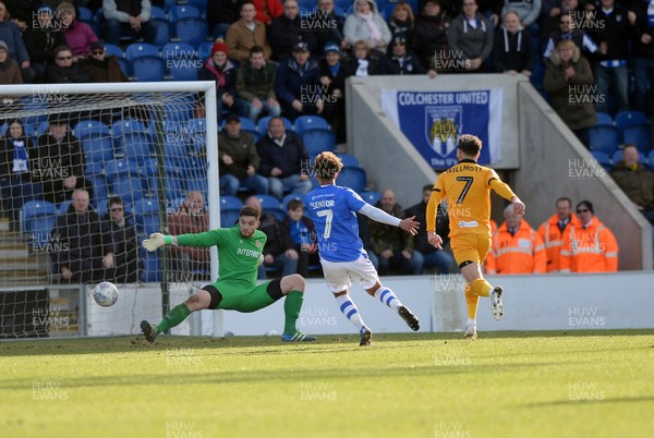 090319 - Colchester United v Newport County - Sky Bet League 2 -  Newport keeper Joe Day saves from Colchesters Courtney Senior