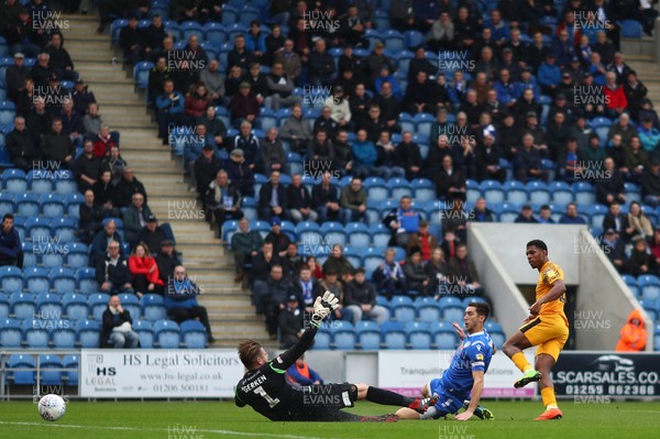 261019 - Colchester United v Newport County - Sky Bet League 2 -  Tristan Abrahams of Newport County scores the opening goal past Dean Gerken of Colchester United