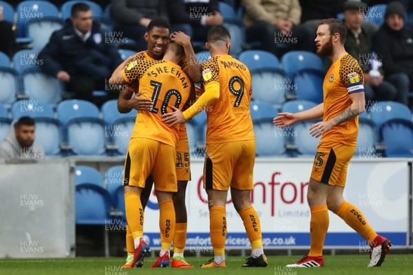 261019 - Colchester United v Newport County - Sky Bet League 2 -  Tristan Abrahams of Newport County is congratulated after scoring the opening goal