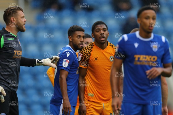 261019 - Colchester United v Newport County - Sky Bet League 2 -  Tristan Abrahams of Newport County is marked by Brandon Comley of Colchester United ahead of a corner
