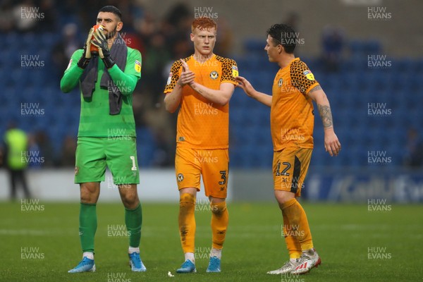 261019 - Colchester United v Newport County - Sky Bet League 2 -  Tom King, Ryan Haynes and Dan McNamara of Newport County at the final whistle