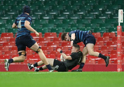 101225 - Coleg Cymoedd v Ysgol Gyfun Gymraeg Glantaf, Welsh Schools and Colleges Boys U18 Final - Jack Piotecki of Coleg y Cymoedd is forced into touch just short of the line