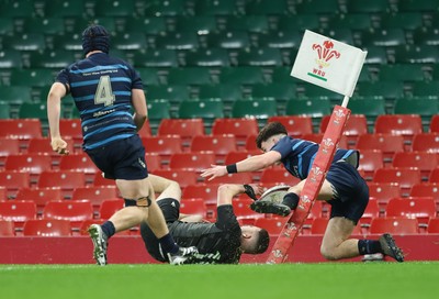 101225 - Coleg Cymoedd v Ysgol Gyfun Gymraeg Glantaf, Welsh Schools and Colleges Boys U18 Final - Jack Piotecki of Coleg y Cymoedd is forced into touch just short of the line