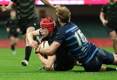 101225 - Coleg Cymoedd v Ysgol Gyfun Gymraeg Glantaf, Welsh Schools and Colleges Boys U18 Final - Devon Shorney of Coleg y Cymoedd beats Finn Evans of Ysgol Gymraeg Glantaf to score try