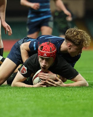 101225 - Coleg Cymoedd v Ysgol Gyfun Gymraeg Glantaf, Welsh Schools and Colleges Boys U18 Final - Devon Shorney of Coleg y Cymoedd beats Finn Evans of Ysgol Gymraeg Glantaf to score try
