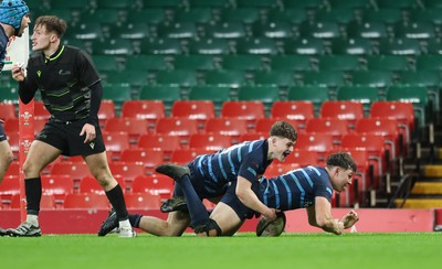 101225 - Coleg Cymoedd v Ysgol Gyfun Gymraeg Glantaf, Welsh Schools and Colleges Boys U18 Final - Mason Daniels of Ysgol Gymraeg Glantaf races in to score the winning try