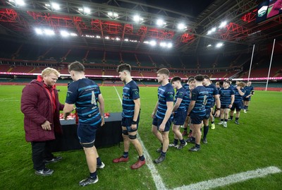 101225 - Coleg Cymoedd v Ysgol Gyfun Gymraeg Glantaf, Welsh Schools and Colleges Boys U18 Final -  Ysgol Gymraeg Glantaf receive their medals from Richie Pugh