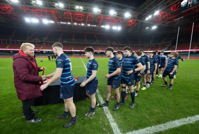 101225 - Coleg Cymoedd v Ysgol Gyfun Gymraeg Glantaf, Welsh Schools and Colleges Boys U18 Final -  Ysgol Gymraeg Glantaf receive their medals from Richie Pugh