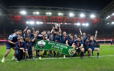 101225 - Coleg Cymoedd v Ysgol Gyfun Gymraeg Glantaf, Welsh Schools and Colleges Boys U18 Final -  Ysgol Gymraeg Glantaf celebrate after winning the final