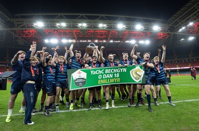 101225 - Coleg Cymoedd v Ysgol Gyfun Gymraeg Glantaf, Welsh Schools and Colleges Boys U18 Final -  Ysgol Gymraeg Glantaf celebrate after winning the final