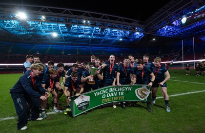 101225 - Coleg Cymoedd v Ysgol Gyfun Gymraeg Glantaf, Welsh Schools and Colleges Boys U18 Final -  Ysgol Gymraeg Glantaf celebrate after winning the final