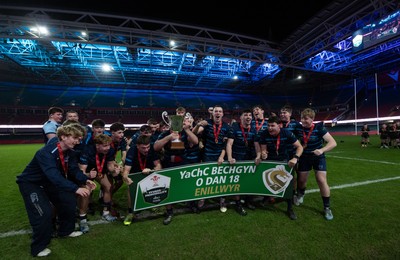 101225 - Coleg Cymoedd v Ysgol Gyfun Gymraeg Glantaf, Welsh Schools and Colleges Boys U18 Final -  Ysgol Gymraeg Glantaf celebrate after winning the final