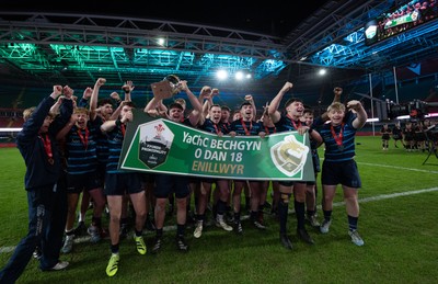 101225 - Coleg Cymoedd v Ysgol Gyfun Gymraeg Glantaf, Welsh Schools and Colleges Boys U18 Final -  Ysgol Gymraeg Glantaf celebrate after winning the final