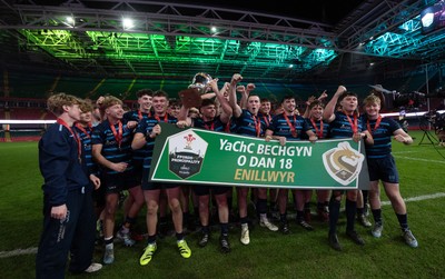 101225 - Coleg Cymoedd v Ysgol Gyfun Gymraeg Glantaf, Welsh Schools and Colleges Boys U18 Final -  Ysgol Gymraeg Glantaf celebrate after winning the final