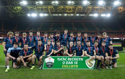 101225 - Coleg Cymoedd v Ysgol Gyfun Gymraeg Glantaf, Welsh Schools and Colleges Boys U18 Final -  Ysgol Gymraeg Glantaf celebrate after winning the final