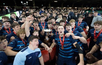101225 - Coleg Cymoedd v Ysgol Gyfun Gymraeg Glantaf, Welsh Schools and Colleges Boys U18 Final -  Ysgol Gymraeg Glantaf celebrate after winning the final