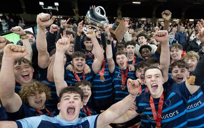 101225 - Coleg Cymoedd v Ysgol Gyfun Gymraeg Glantaf, Welsh Schools and Colleges Boys U18 Final -  Ysgol Gymraeg Glantaf celebrate after winning the final