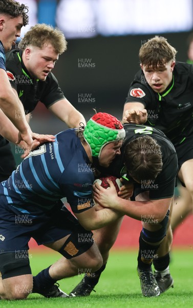 101225 - Coleg Cymoedd v Ysgol Gyfun Gymraeg Glantaf, Welsh Schools and Colleges Boys U18 Final - Alfie Prygodzicz of Ysgol Gymraeg Glantaf and Evan Hughes of Coleg y Cymoedd compete for the ball