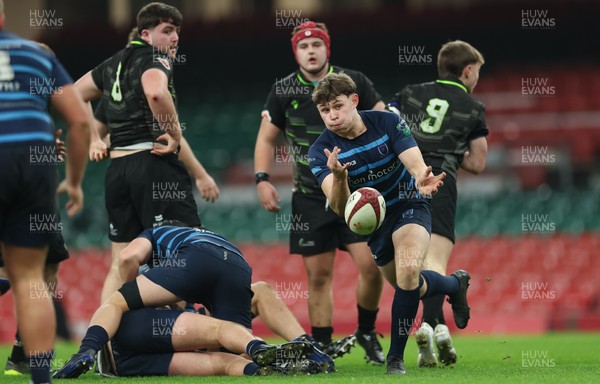 101225 - Coleg Cymoedd v Ysgol Gyfun Gymraeg Glantaf, Welsh Schools and Colleges Boys U18 Final - Mason Daniels of Ysgol Gymraeg Glantaf feeds the ball