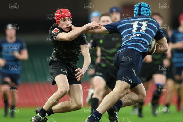 101225 - Coleg Cymoedd v Ysgol Gyfun Gymraeg Glantaf, Welsh Schools and Colleges Boys U18 Final - Harry Kinsey of Ysgol Gymraeg Glantaf holds off Devon Shorney of Coleg y Cymoedd