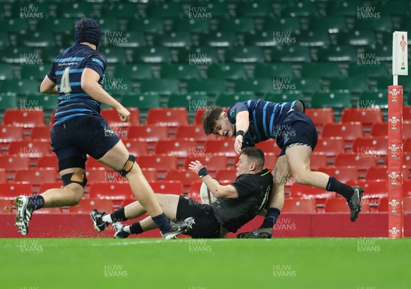 101225 - Coleg Cymoedd v Ysgol Gyfun Gymraeg Glantaf, Welsh Schools and Colleges Boys U18 Final - Jack Piotecki of Coleg y Cymoedd is forced into touch just short of the line