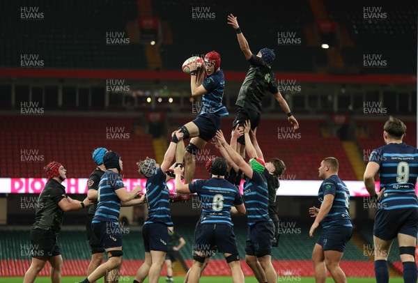 101225 - Coleg Cymoedd v Ysgol Gyfun Gymraeg Glantaf, Welsh Schools and Colleges Boys U18 Final - Owen Williams of Ysgol Gymraeg Glantaf wins the line out