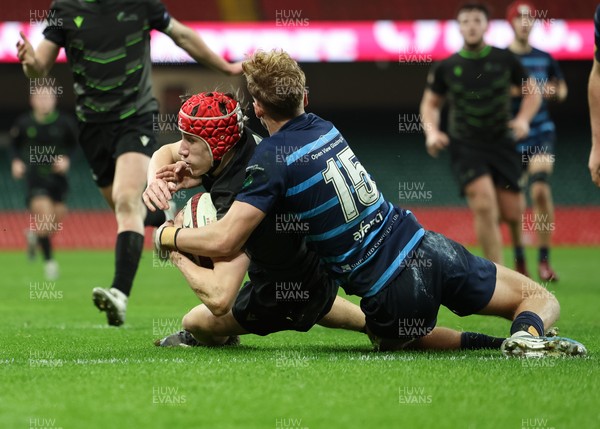 101225 - Coleg Cymoedd v Ysgol Gyfun Gymraeg Glantaf, Welsh Schools and Colleges Boys U18 Final - Devon Shorney of Coleg y Cymoedd beats Finn Evans of Ysgol Gymraeg Glantaf to score try