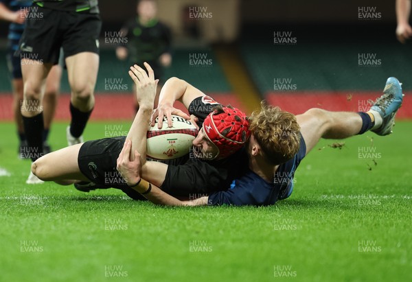 101225 - Coleg Cymoedd v Ysgol Gyfun Gymraeg Glantaf, Welsh Schools and Colleges Boys U18 Final - Devon Shorney of Coleg y Cymoedd beats Finn Evans of Ysgol Gymraeg Glantaf to score try