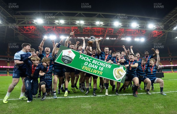 101225 - Coleg Cymoedd v Ysgol Gyfun Gymraeg Glantaf, Welsh Schools and Colleges Boys U18 Final -  Ysgol Gymraeg Glantaf celebrate after winning the final