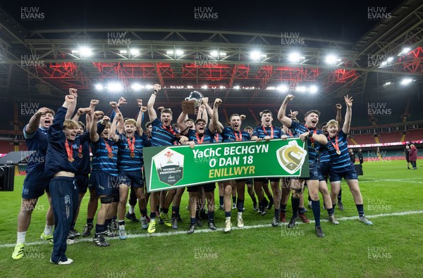 101225 - Coleg Cymoedd v Ysgol Gyfun Gymraeg Glantaf, Welsh Schools and Colleges Boys U18 Final -  Ysgol Gymraeg Glantaf celebrate after winning the final