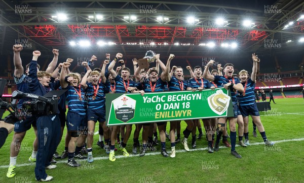 101225 - Coleg Cymoedd v Ysgol Gyfun Gymraeg Glantaf, Welsh Schools and Colleges Boys U18 Final -  Ysgol Gymraeg Glantaf celebrate after winning the final