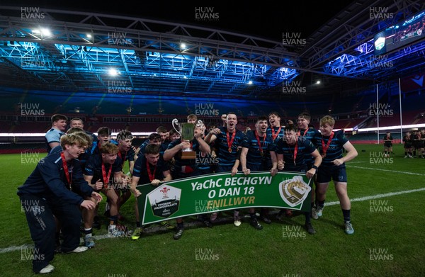 101225 - Coleg Cymoedd v Ysgol Gyfun Gymraeg Glantaf, Welsh Schools and Colleges Boys U18 Final -  Ysgol Gymraeg Glantaf celebrate after winning the final