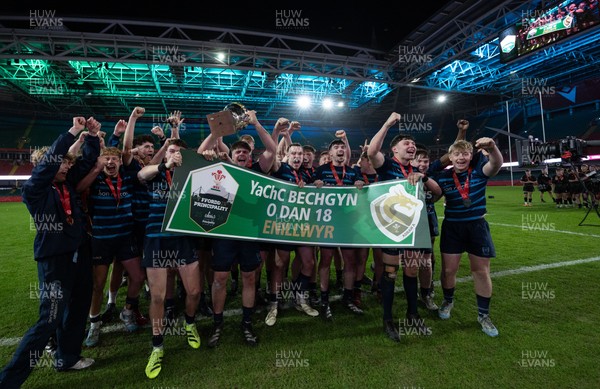 101225 - Coleg Cymoedd v Ysgol Gyfun Gymraeg Glantaf, Welsh Schools and Colleges Boys U18 Final -  Ysgol Gymraeg Glantaf celebrate after winning the final