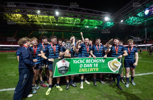 101225 - Coleg Cymoedd v Ysgol Gyfun Gymraeg Glantaf, Welsh Schools and Colleges Boys U18 Final -  Ysgol Gymraeg Glantaf celebrate after winning the final