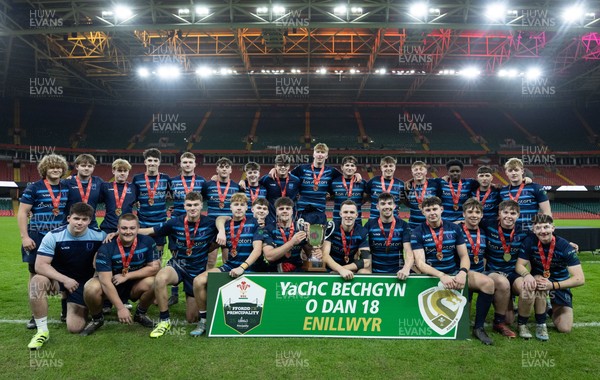 101225 - Coleg Cymoedd v Ysgol Gyfun Gymraeg Glantaf, Welsh Schools and Colleges Boys U18 Final -  Ysgol Gymraeg Glantaf celebrate after winning the final