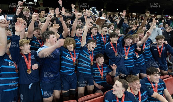 101225 - Coleg Cymoedd v Ysgol Gyfun Gymraeg Glantaf, Welsh Schools and Colleges Boys U18 Final -  Ysgol Gymraeg Glantaf celebrate after winning the final