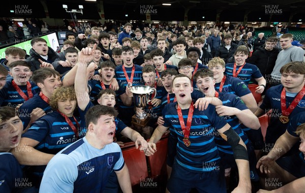 101225 - Coleg Cymoedd v Ysgol Gyfun Gymraeg Glantaf, Welsh Schools and Colleges Boys U18 Final -  Ysgol Gymraeg Glantaf celebrate after winning the final