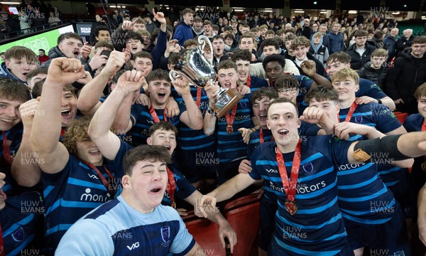 101225 - Coleg Cymoedd v Ysgol Gyfun Gymraeg Glantaf, Welsh Schools and Colleges Boys U18 Final -  Ysgol Gymraeg Glantaf celebrate after winning the final