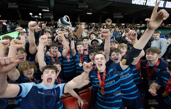 101225 - Coleg Cymoedd v Ysgol Gyfun Gymraeg Glantaf, Welsh Schools and Colleges Boys U18 Final -  Ysgol Gymraeg Glantaf celebrate after winning the final