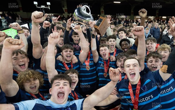 101225 - Coleg Cymoedd v Ysgol Gyfun Gymraeg Glantaf, Welsh Schools and Colleges Boys U18 Final -  Ysgol Gymraeg Glantaf celebrate after winning the final